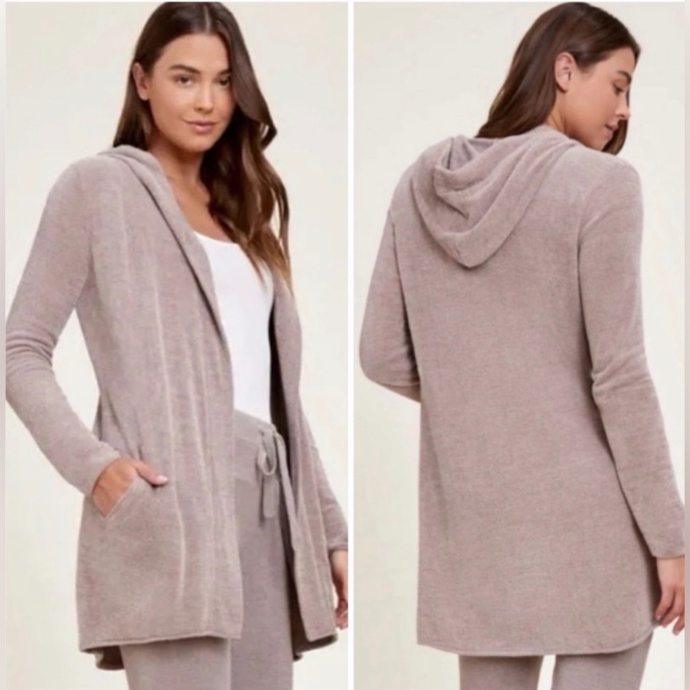 Barefoot Dreams CozyChic Lite Resort Cardigan Hooded Sherpa Tan Brown Women XS/S